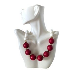 Vintage Beaded Necklace Chunky Red & White Glass Ball Bauble Eclectic Boho